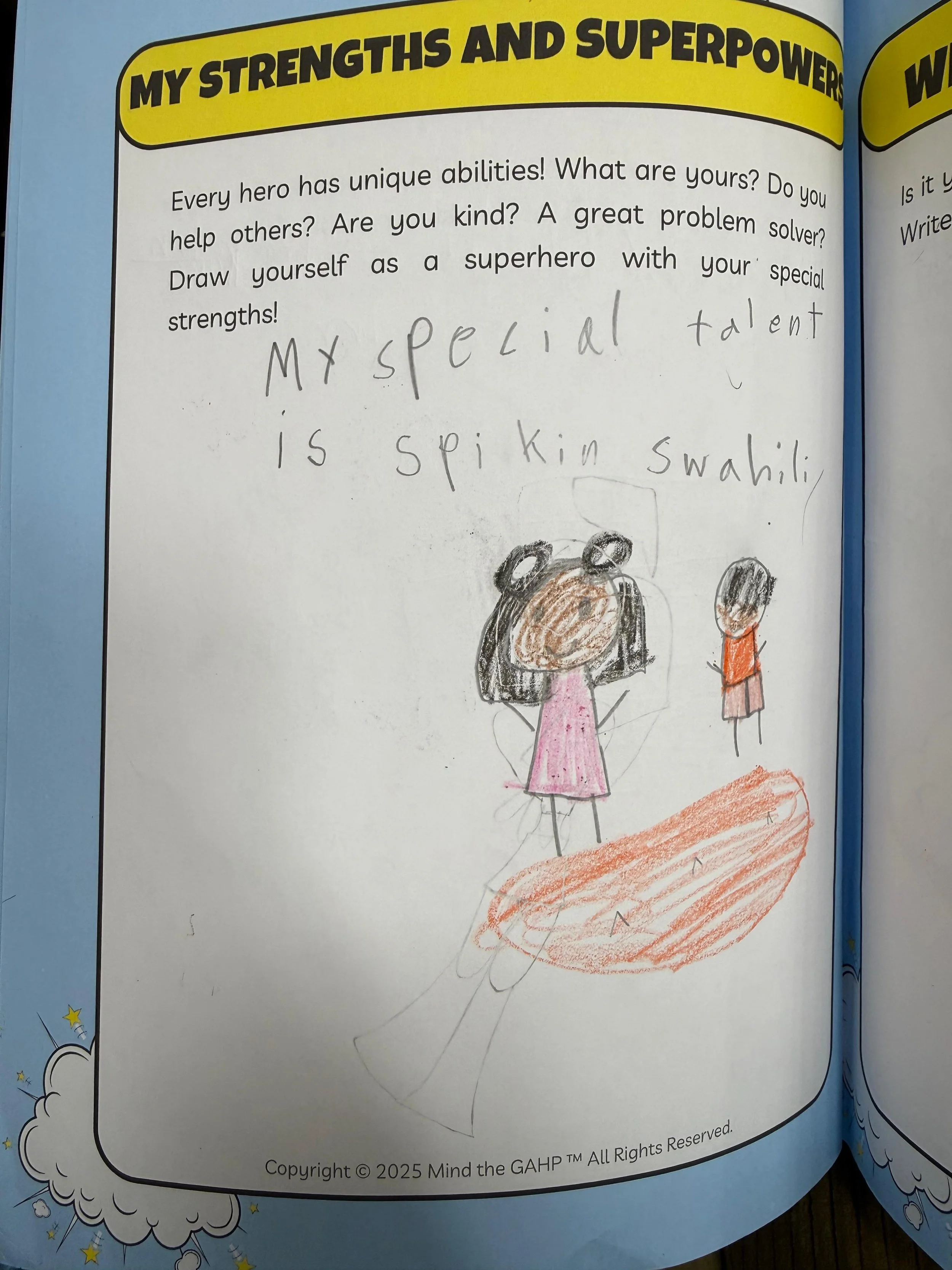 A children's drawing of two superheroes on a shared orange platform. One superhero is tall with black hair and a black costume. The other is shorter with brown hair and a pink dress. The drawing is accompanied by handwritten text stating, 'My special