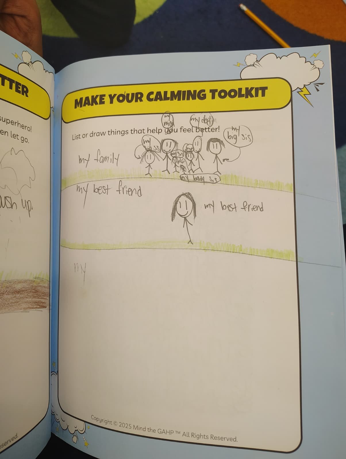 Children's activity page titled 'Make Your Calming Toolkit' with drawings of people, including a family and a best friend, and text describing what helps them feel better. Some text and drawings are crossed out or faint.
