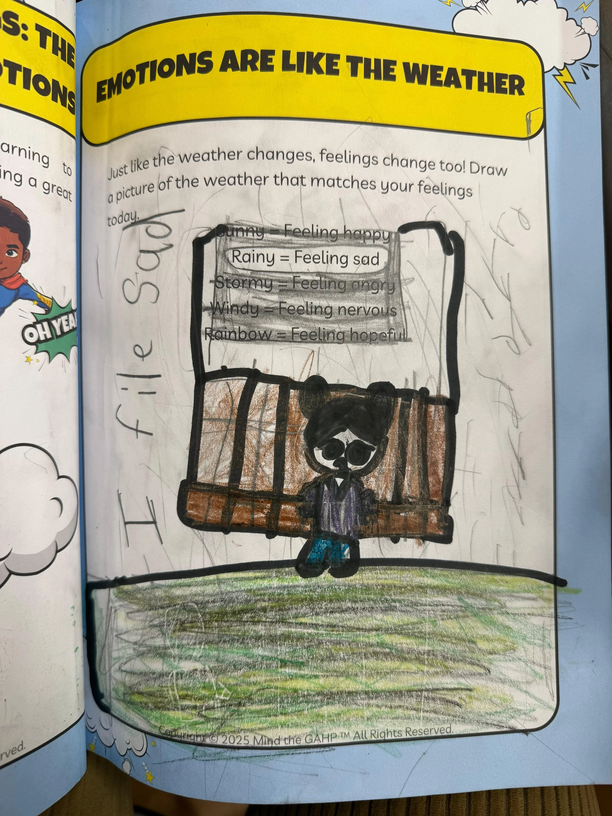 A child's drawing of a person wearing sunglasses, standing under a large umbrella with a brown and black striped canopy, against a background of green grass.