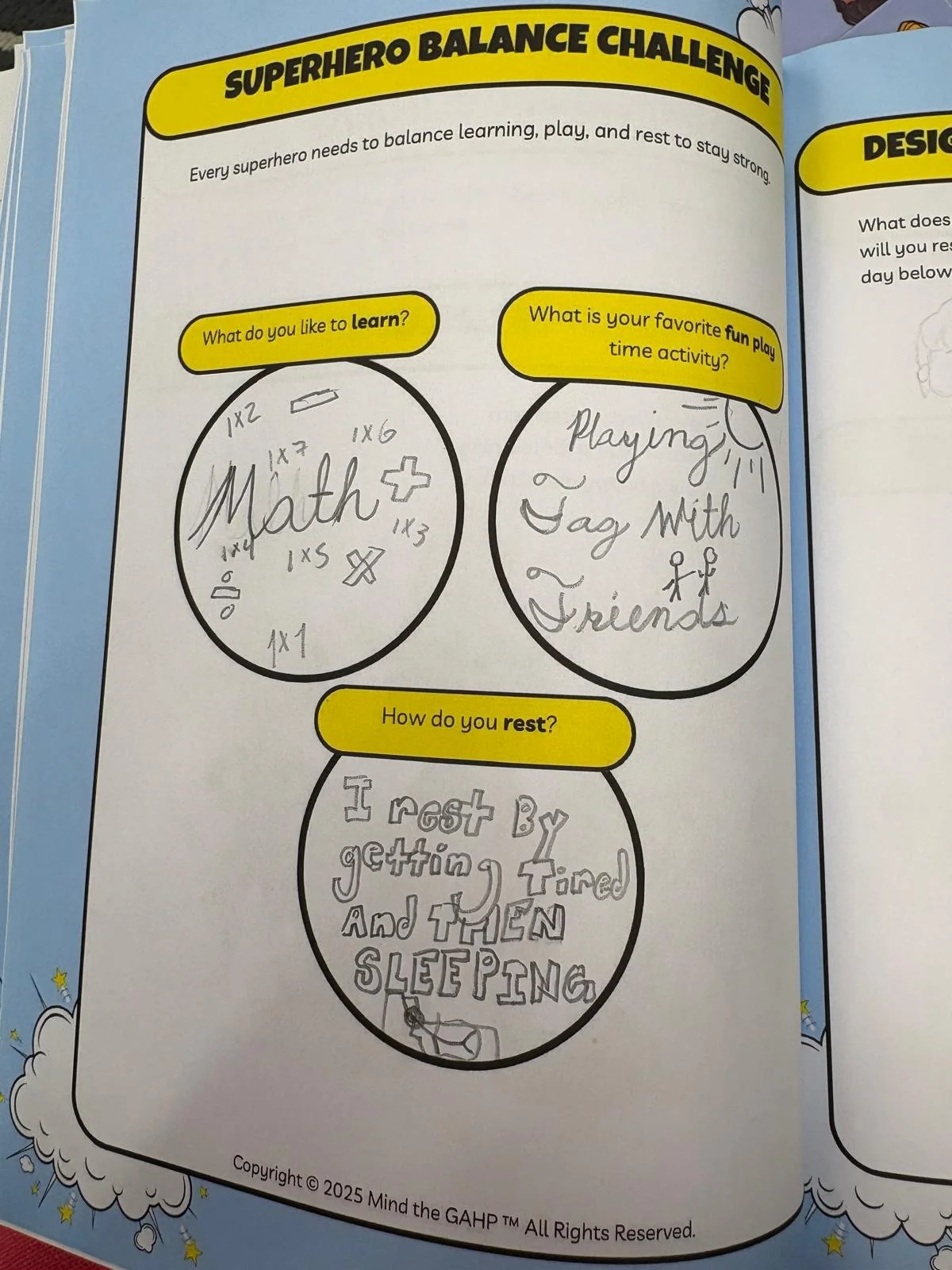 A colorful activity page titled 'Superhero Balance Challenge.' It asks three questions: 'What do you like to learn?', 'What is your favorite fun playtime activity?', and 'How do you rest?' with handwritten answers inside each circle. The first answer