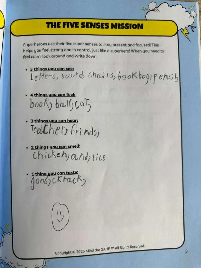 This image shows a worksheet titled "The Five Senses Mission." It includes prompts for five different senses with handwritten responses. The categories are five things you can see, feel, hear, smell, and taste, with example responses written in child