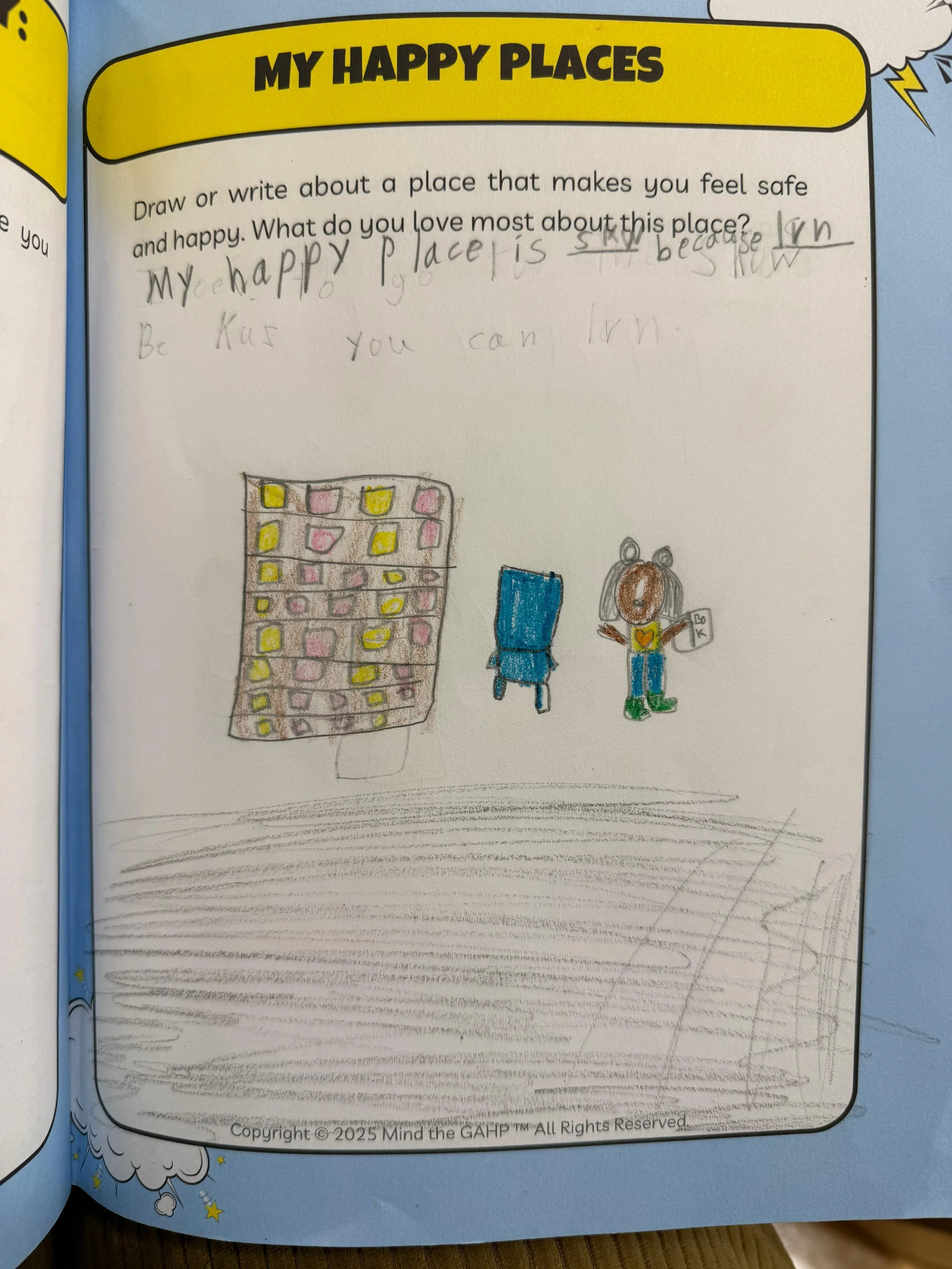 Child's drawing of a tall, multicolored building, a blue figure, and a person holding a sign that says 'BOOK' with a yellow heart.