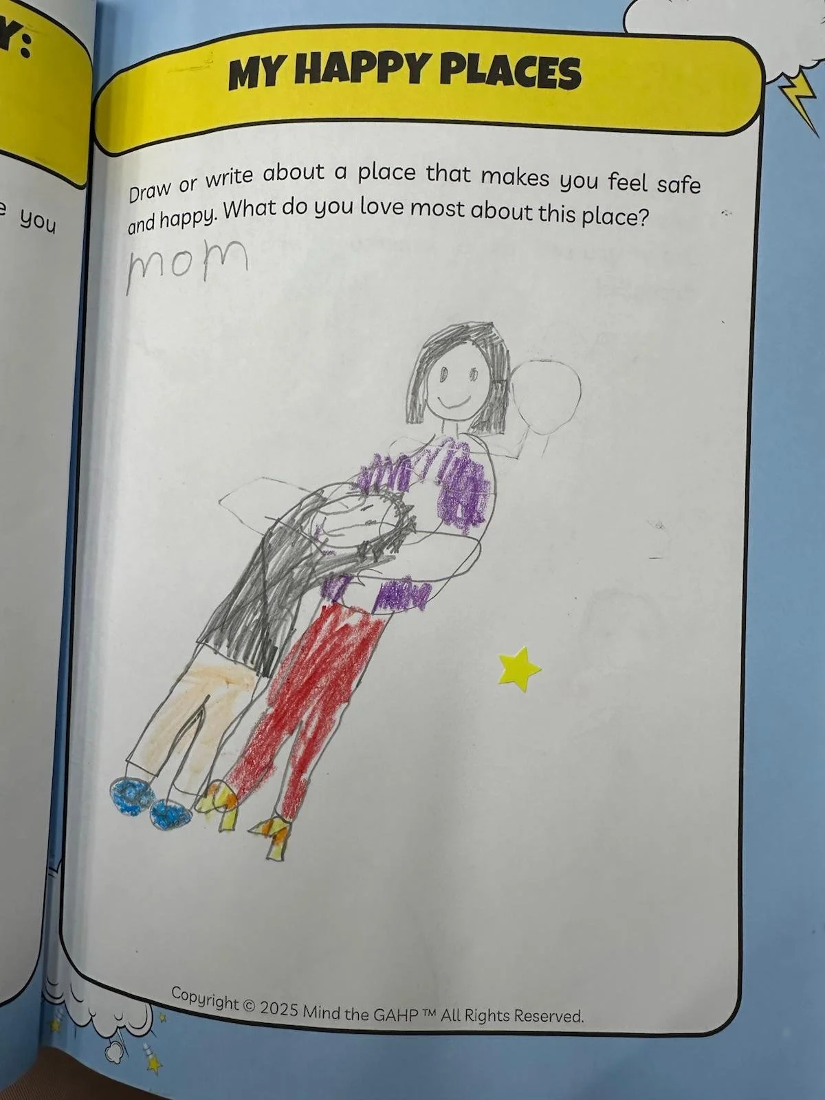 Child's drawing of a woman hugging two children, labeled as her 'happy place.'