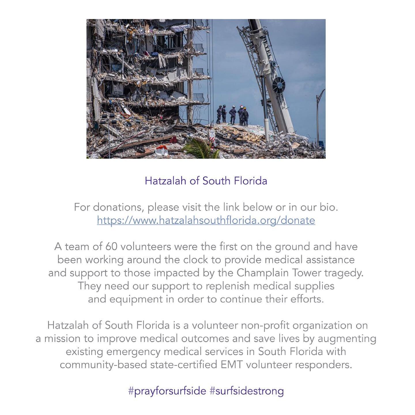 A team of 60 @hatzalahsouthflorida  volunteers were the first on the ground and have been working around the clock to provide medical assistance to those impacted by the Champlain Tower tragedy. They need our help!

Visit the link in our bio to suppo