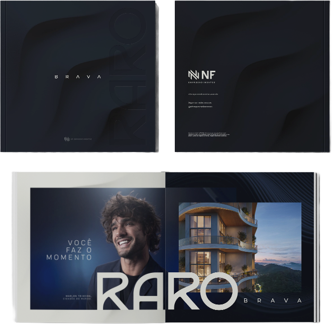 Book da campanha de lançamento imobiliário RARO Brava, desenvolvido para a NF Empreendimentos