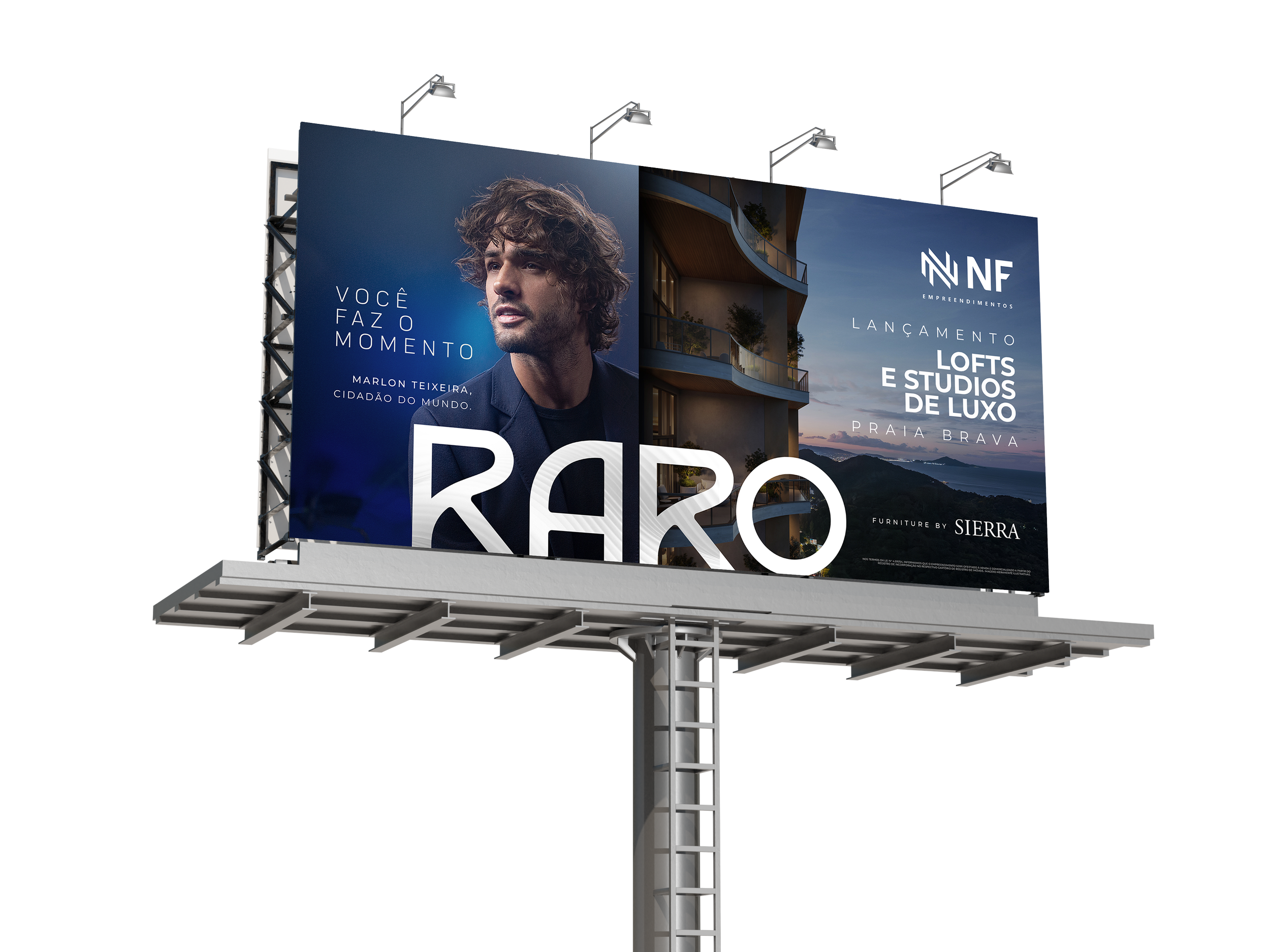 Outdoor da campanha de lançamento imobiliário RARO Brava com Marlon Teixeira