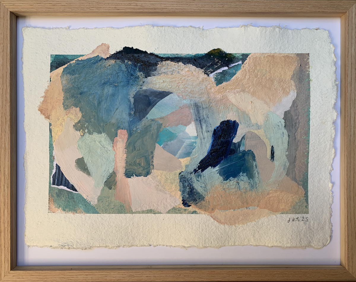   Papering over the cracks , 2025 Acrylic and oil on handmade paper 38 × 48.5cm  Float mounted with UV non-reflective art glass £500 
