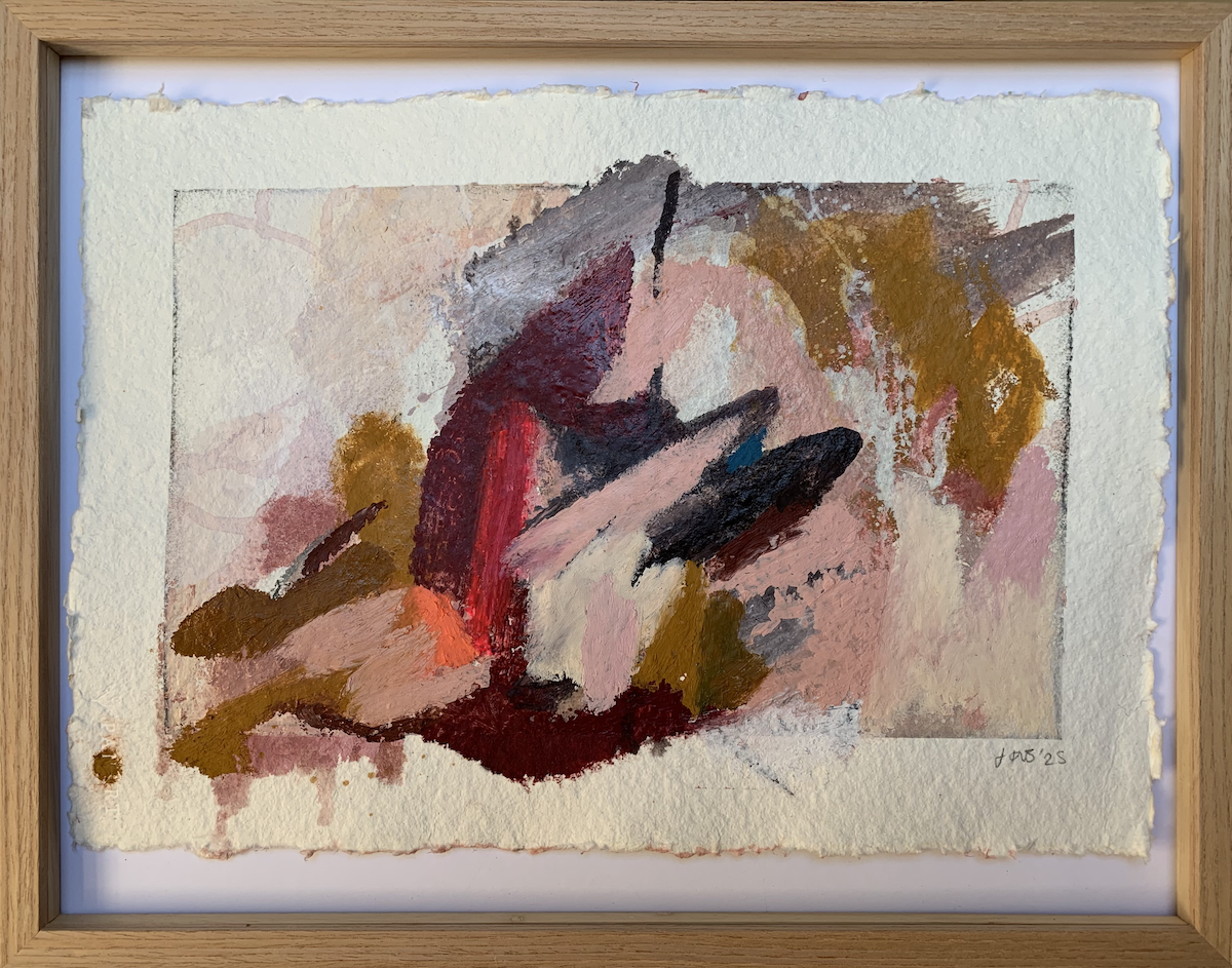   Mostly holding it together , 2025 Acrylic and oil on handmade paper 38 × 48.5cm  Float mounted with UV non-reflective art glass £500 