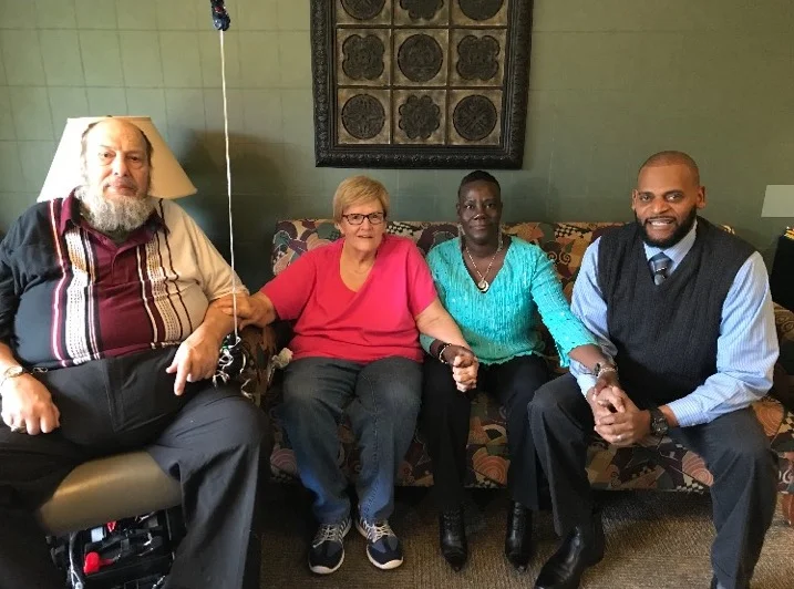 Anna Schultz (second from left) is pictured after a celebratory dinner at SKLD with her new, dear friend, Sharon Bruce-Carey, and their husbands Mike Shultz (left) and Christopher Carey. Both women received an honorary plaque from SKLD administrator Deb McCollum.
