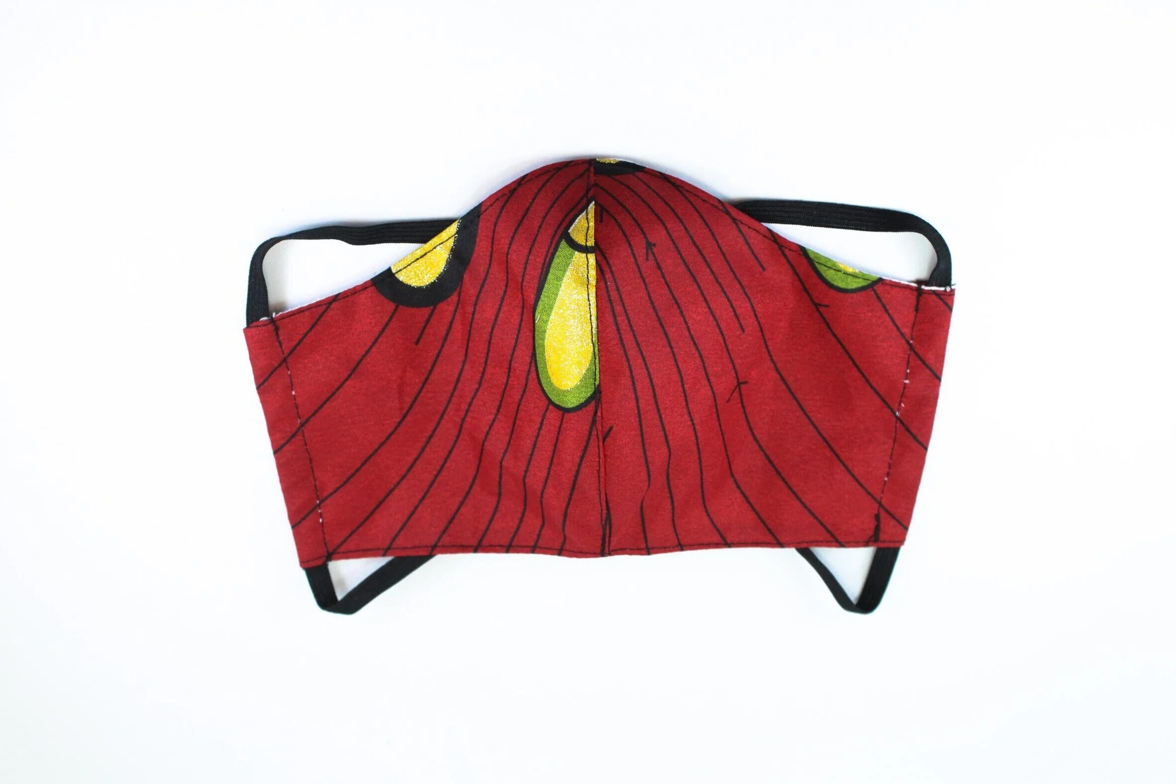 A red face mask with black stripes