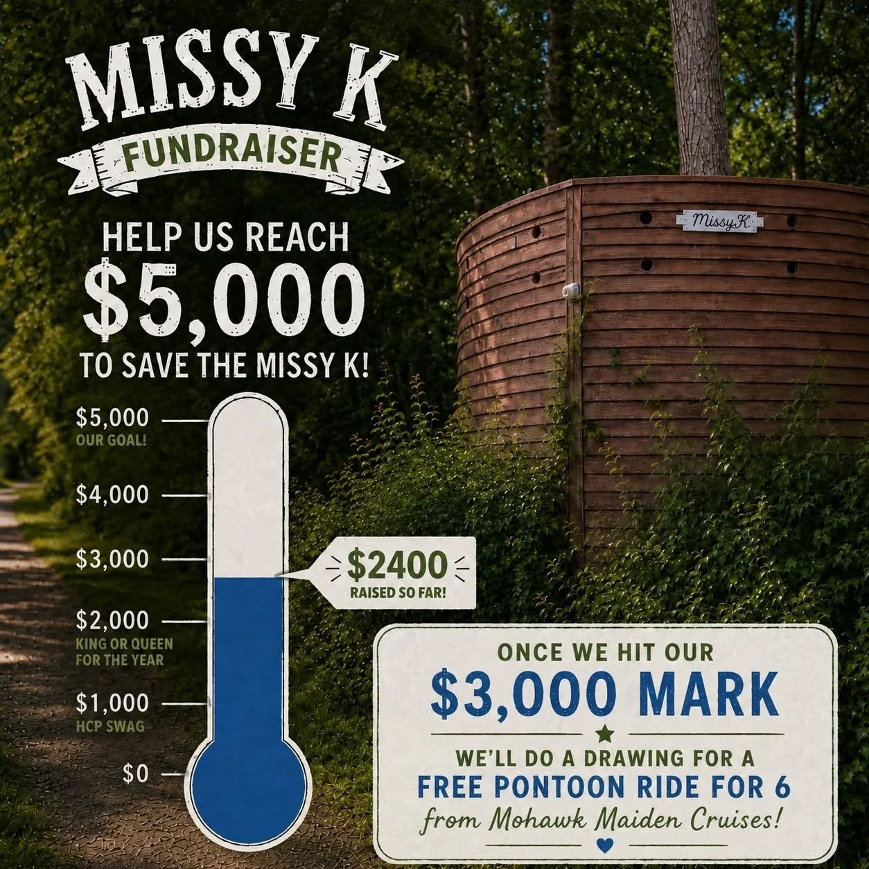 A graphic for the Missy K fundraiser with a thermometer at the $2400 mark.