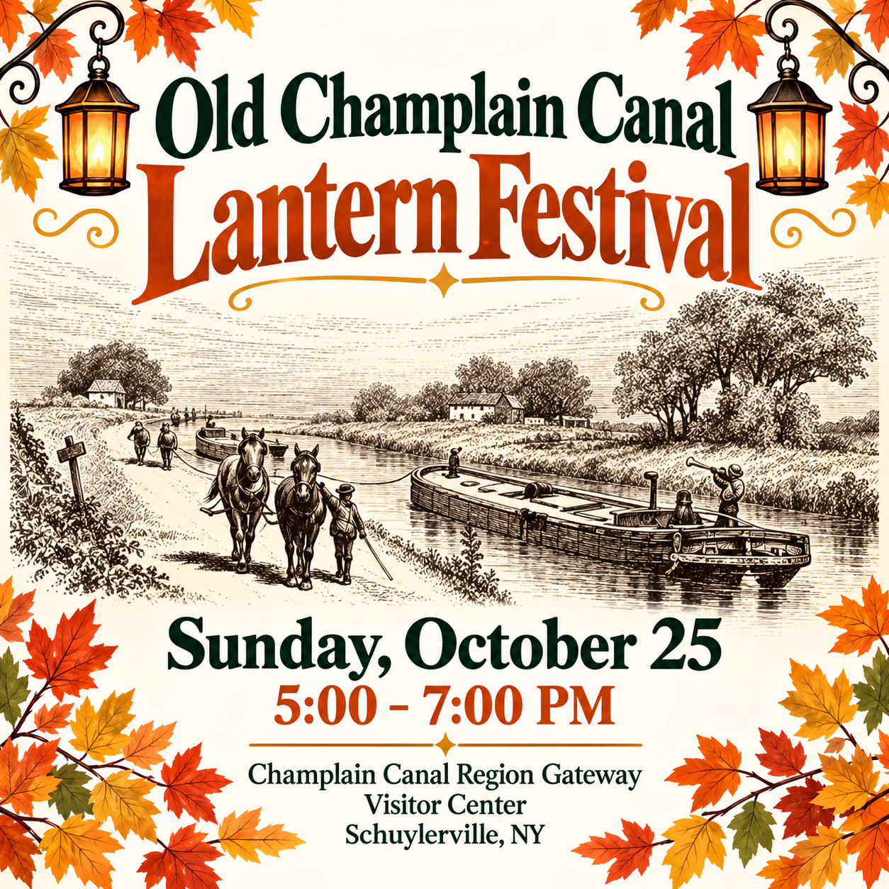 Graphic for the Lantern Festival. There is a pencil drawing of mules pulling a canal boat, orange and red leaves, and information about the event that can be found in the text.