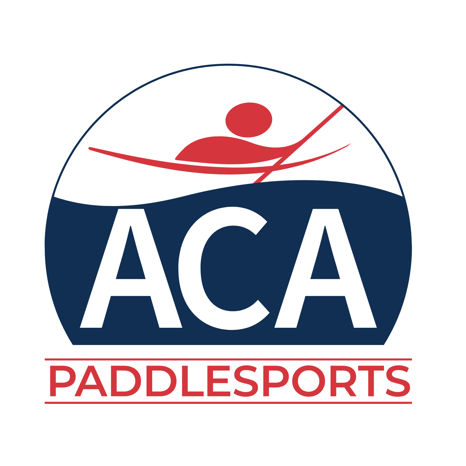 An abstract navy, white, and red logo in the shape of a circle. There is a navy wave on the lower half with white letters ACA and a white upper half with a styelized red person paddling an abstract boat.
