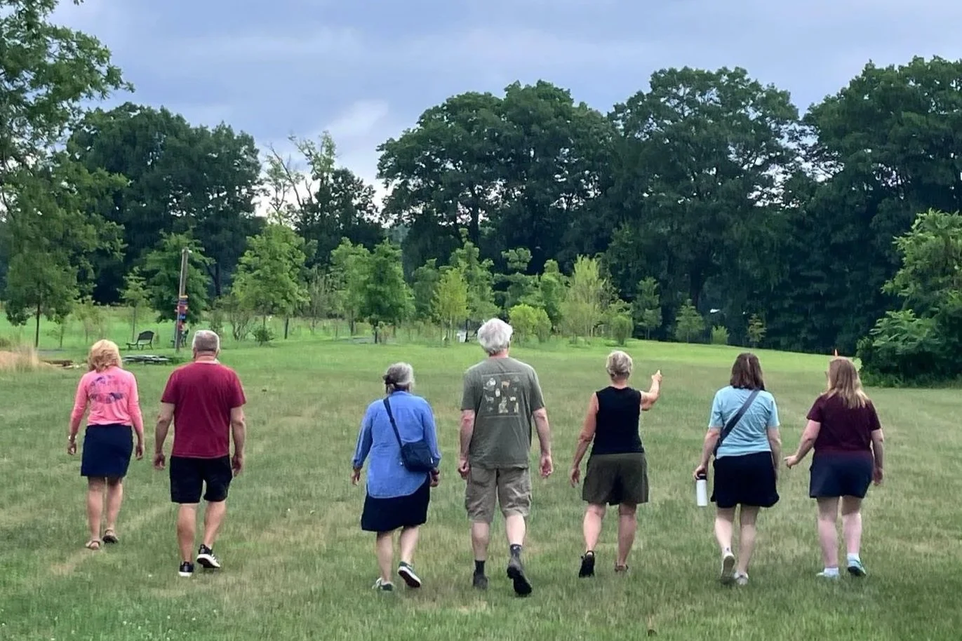 A group of seven adults walk in the grass towards a line of young trees which are forming a path. One of the people is gesturing torwards something in the distance. More trees and a cloudy blue sky are in the background.