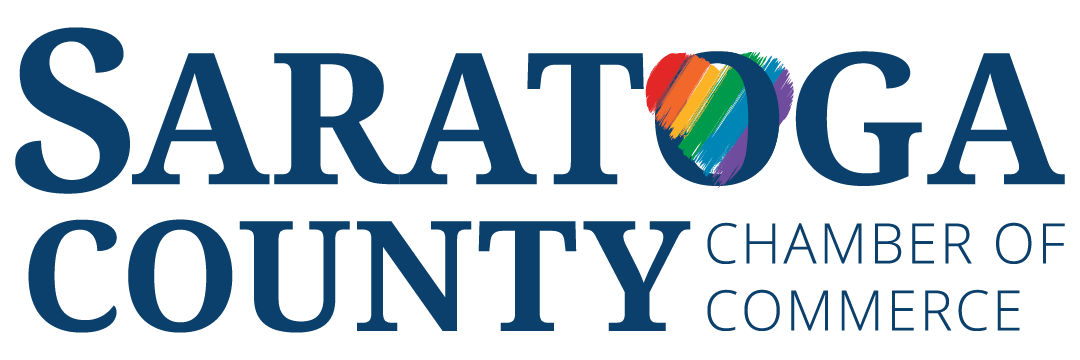Navy blue text that reads "Saratoga County Chamber of Commerce" with a crayon-like scribbled rainbow in the "O" of the word "Saratoga"