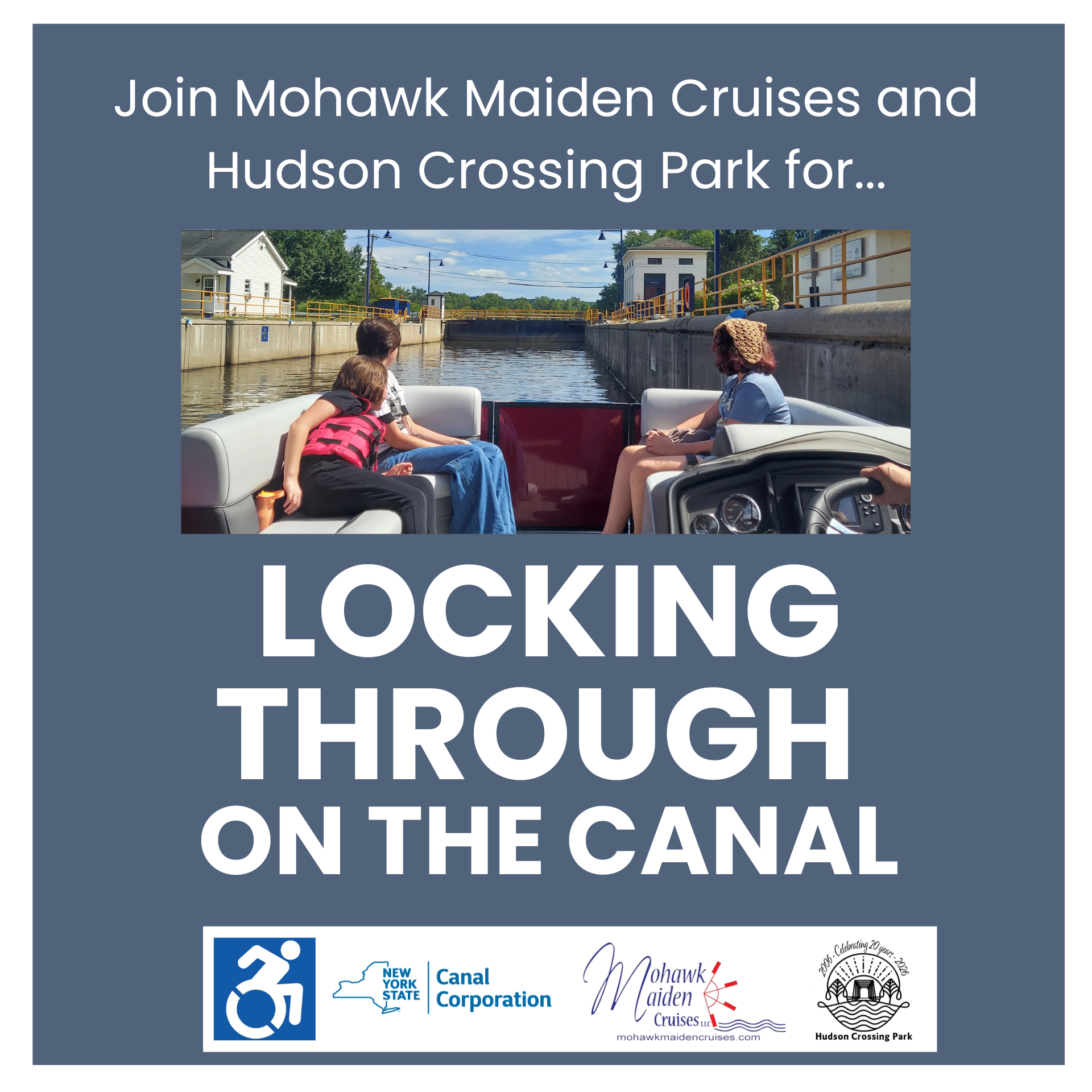 A dark gray graphic with the program title, an image of three kids on a pontoon boat floating through the canal, and the HCP, NYS Canals, and Mohawk Maiden Cruises logos, and the wheelchair accessible symbol.