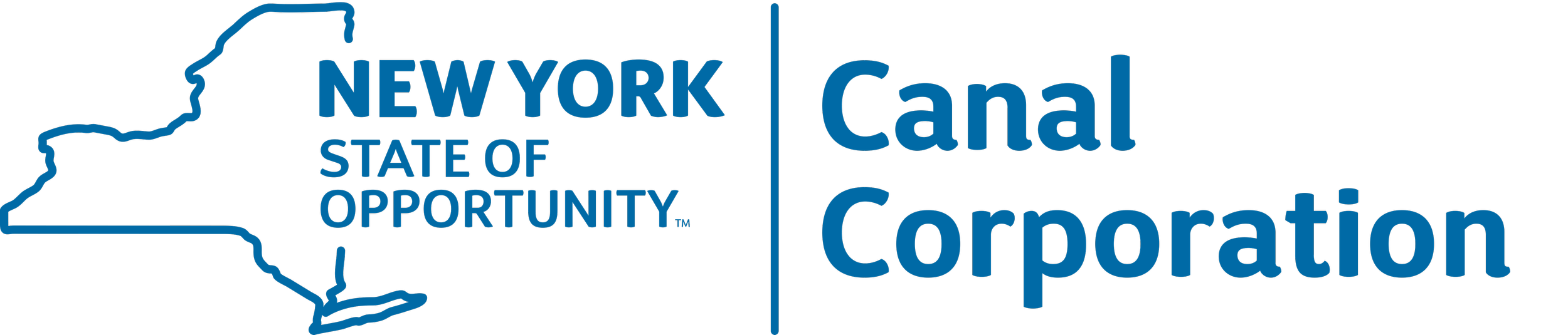 Light blue text superimposed over the outline of New York State that reads "New york state of Opportunity" divided by a blue line followed by text that reads "Canal Corporation.