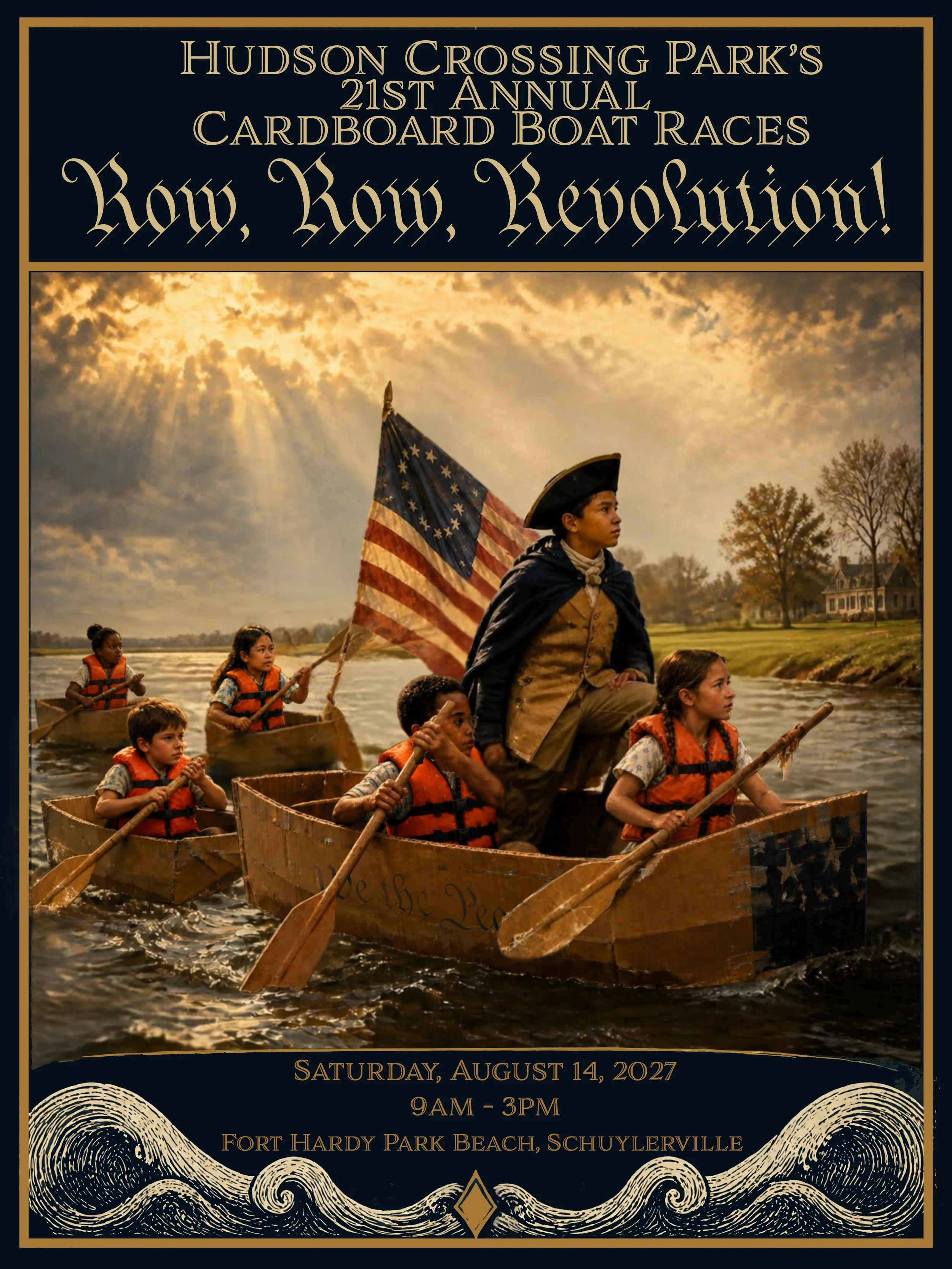 Flyer for the Cardboard boat races with four cardboard boats. There are 5 kids in the boats wearing orange life vests, and one child dressed up like a revolutionary war soldier.