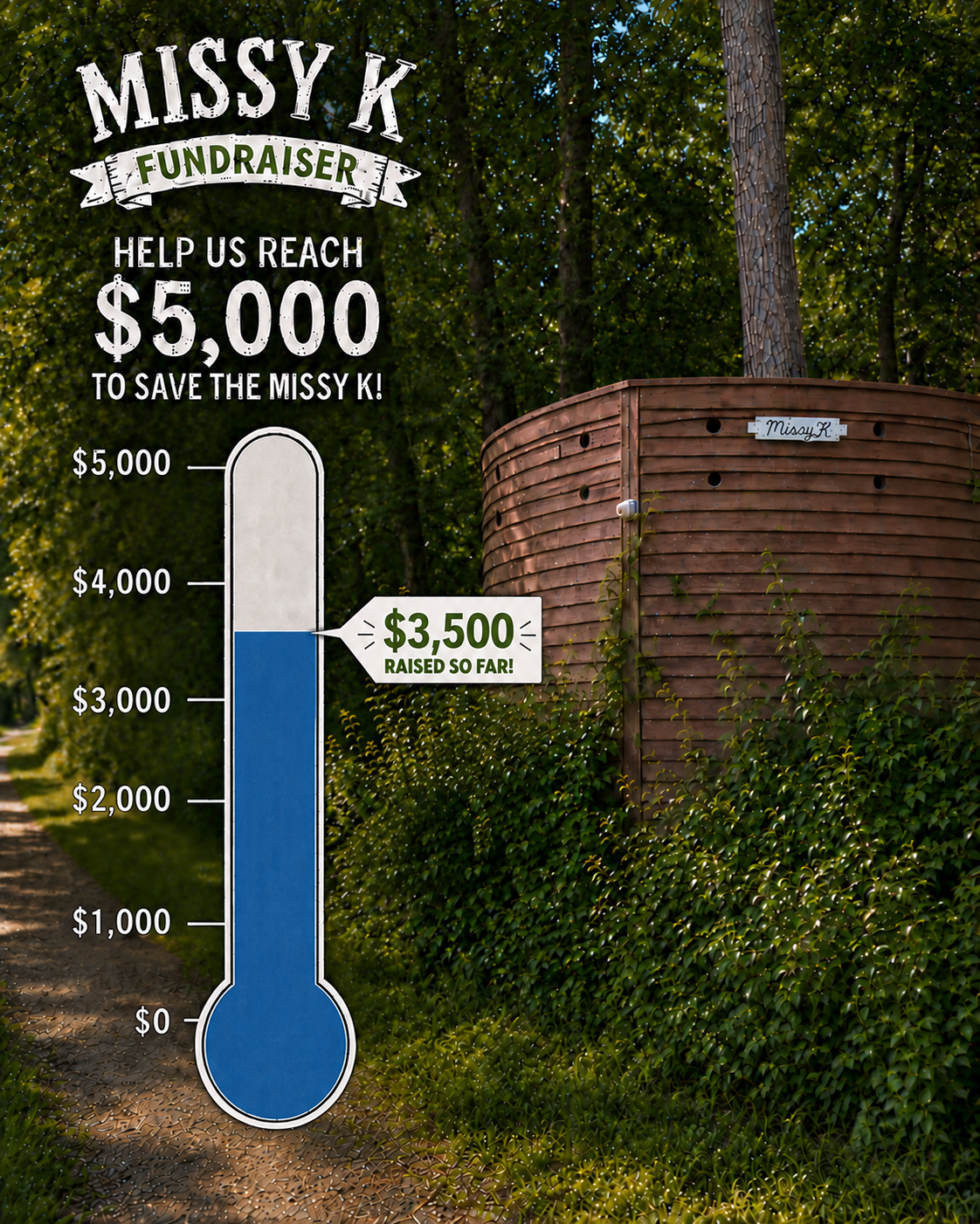 A graphic for the Missy K fundraiser with a thermometer at the $3500 mark.