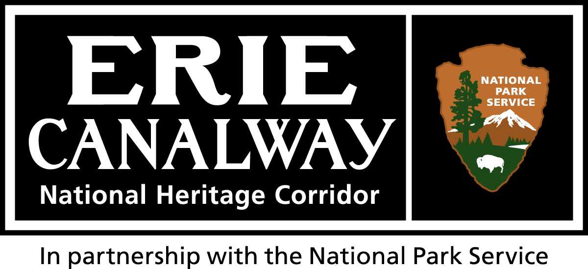 A black rectangle with white text that reads "Erie Canalway National Heritage Corridor" on the left and on the right is an arrowhead logo with white text that reads "National Park Service" on a brown background, with a mountain, tree, and bison