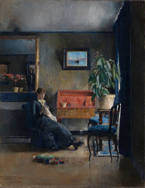 Harriet Backer «Blått interiør» 1883, med kollegaen Asta Nørregaard som modell