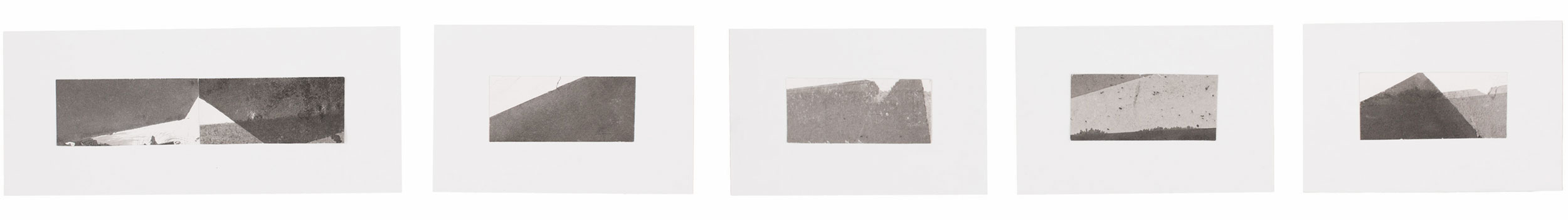   Sem Título, 2016. Série Possíveis Paisagens I. Nanquim e grafite sobre papel. Cada (1o ) 26 x 6 cm | 36 x 15 cm (Paspatur) | (Outros) 13 x 6 cm | 23 x 15 cm (Paspatur) 1,50 x 15 cm (Conj.&nbsp;de 5 imgs.)    Untitled, 2016. Serie Possíveis Paisagen