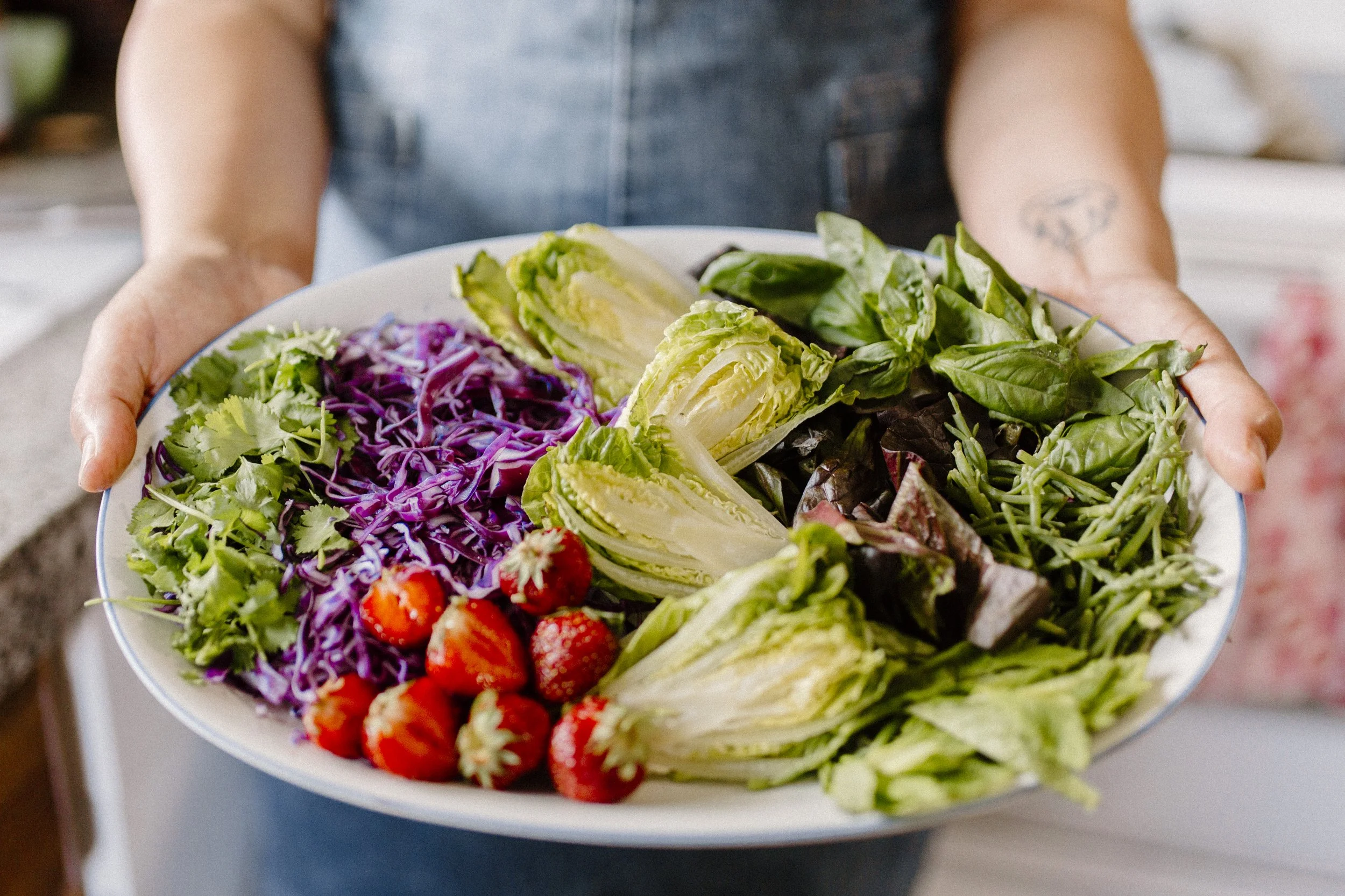 Platter of fixin's for a noodle bowl featuring cilantro, red cabbage, strawberries, mini lettuce, herbs, and sea asparagus