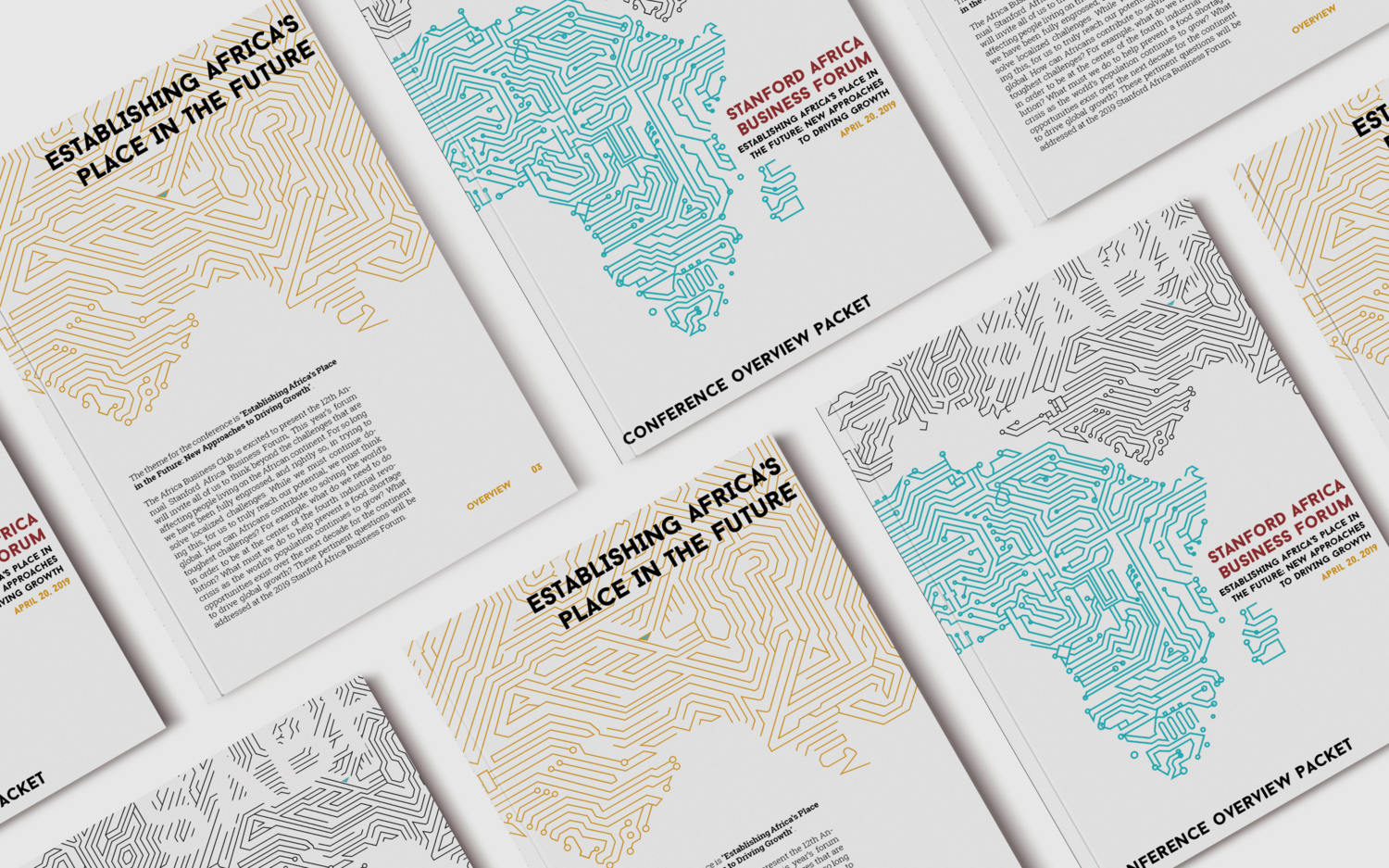 Stanford Africa Business Forum | 2019 | InDesign, Sketch SABF is a one-day conference that attracts over 300 attendees to the Stanford Graduate School of Business to inspire relevant ideas for business in Africa. This year’s theme focused on the role of Africans in the future and its central position in the fourth, digital technological revolution. In developing the conference’s brand, I sought to combine the bright, intricate patterns of African clothing design with the clean, geometric lines of circuit boards to illustrate communication and connection through culture and technology .