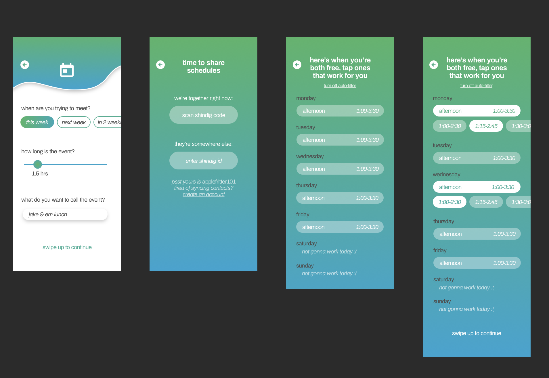 Early iteration of the event setup interaction