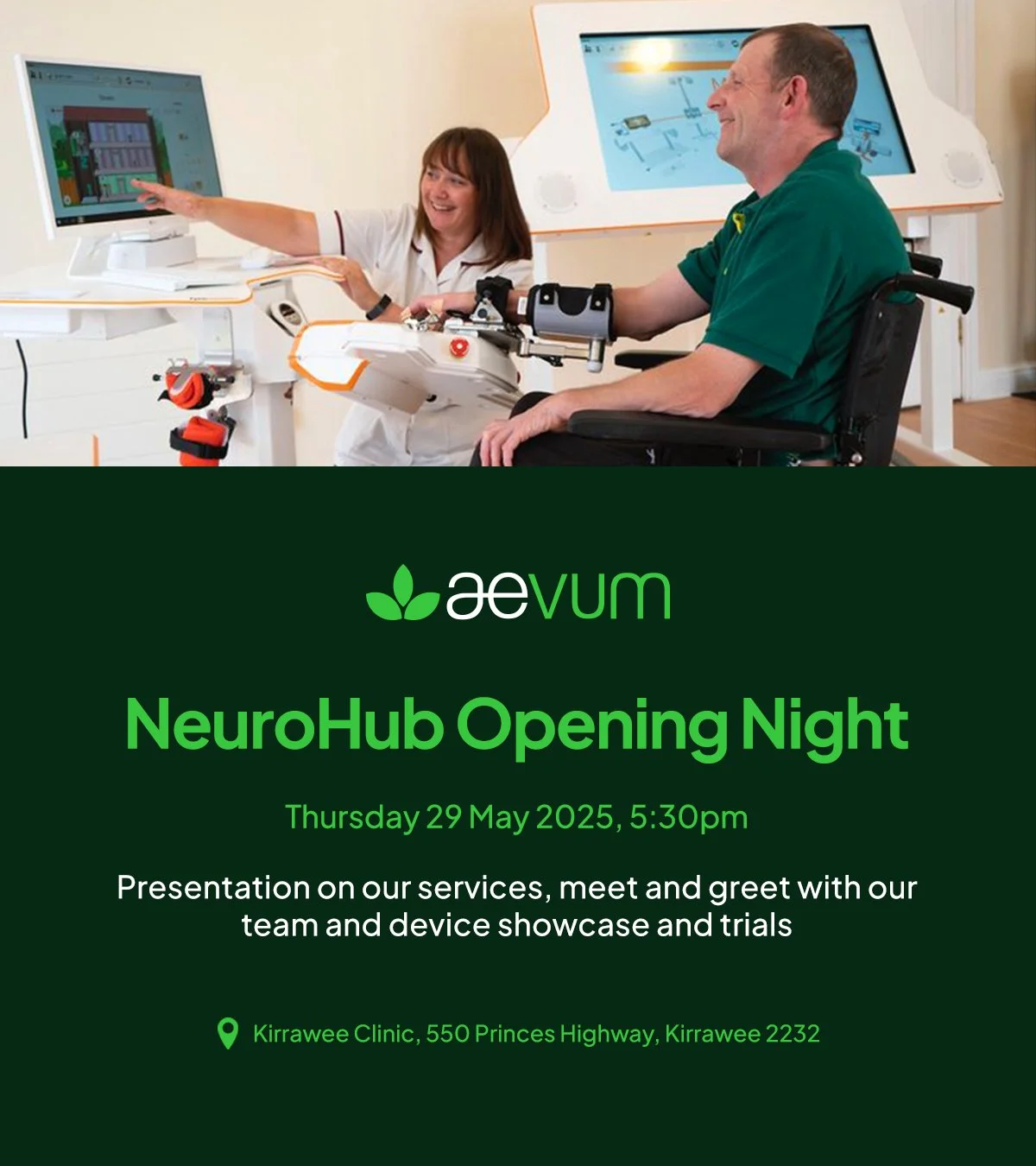 🧠 Curious about neuro-rehab?

Join us at Aevum Health&rsquo;s NeuroHub Open Night and see how advanced robotic therapy is helping individuals regain movement and independence.

You'll have the chance to:
🔹 Test our upper &amp; lower limb neuro-reha