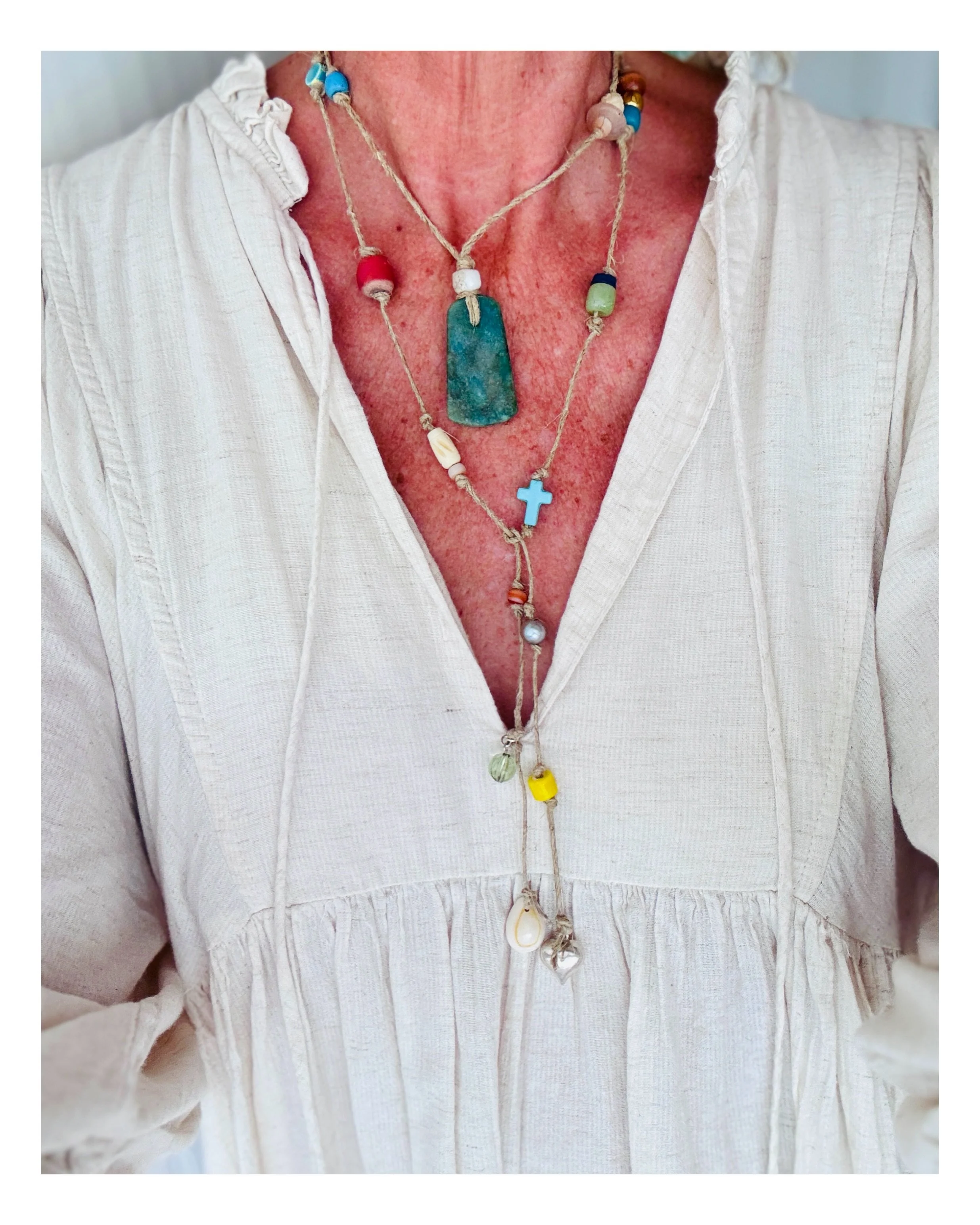 A few weeks ago I found this piece of Jade stone while I was antiquing and just loved the deep sea green color of it. I knew it would find itself as a center piece on one of my necklaces. It&rsquo;s interesting stringing these pieces, - each chosen c