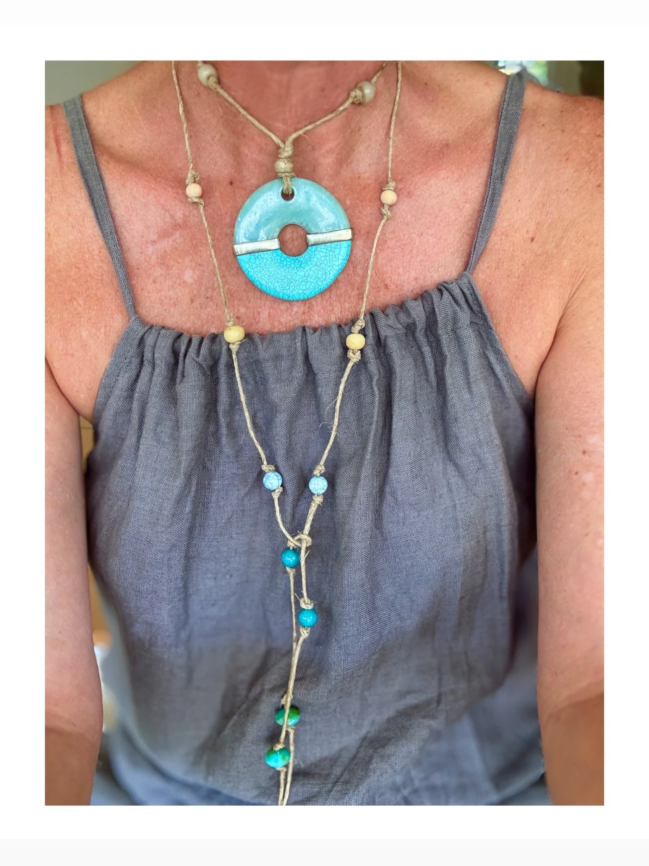Can&rsquo;t quite get enough of the BLUES and AQUAS and SANDY feels&hellip; this wrap necklace has a bigger chunky center piece but just LOVE it  Found the charm (as I call them) a few weeks ago and couldn&rsquo;t wait to make a wrap around her&helli