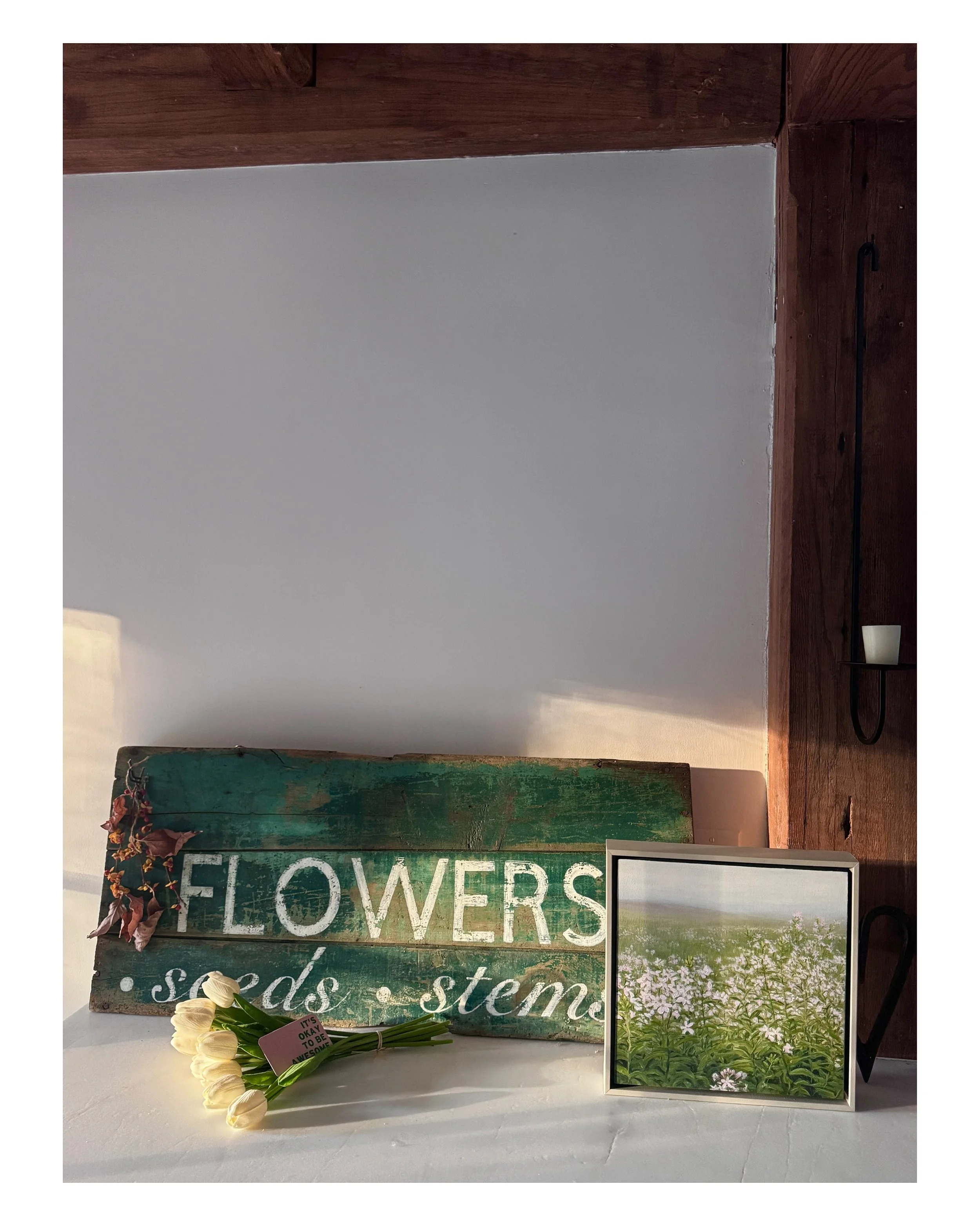 This is always my view in our kitchen around 5am when I wake up&hellip; sun slowly creeping across the room to where I am making my morning coffee happily looking at these little pieces which fill the heart. An old vintage sign I found antiquing (as 