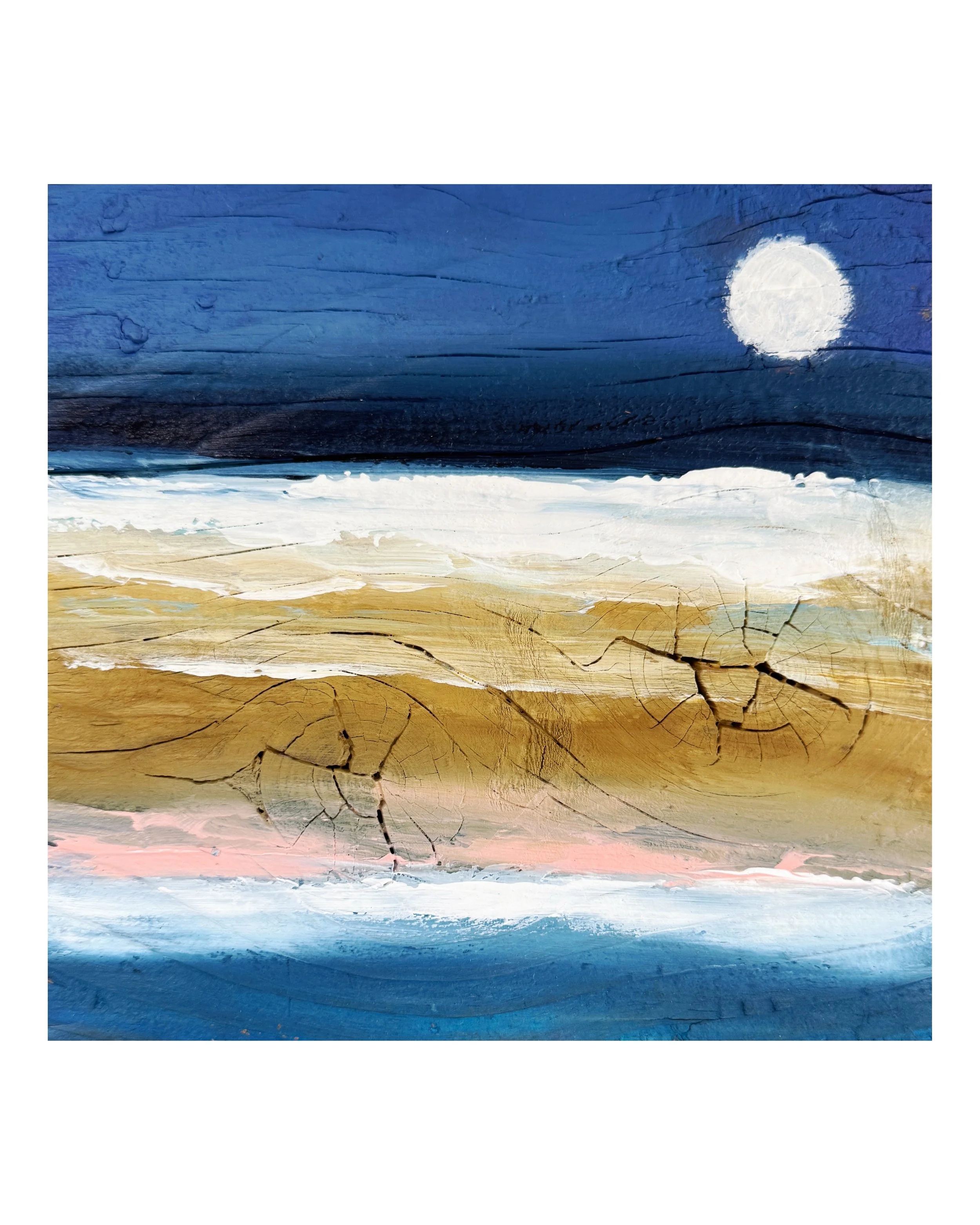Moon Rising | 7 X 7 X 3.5  I painted on found wood I Cape Cod Studio