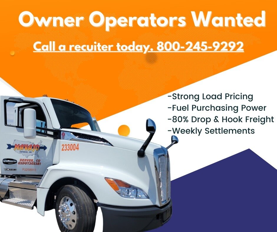 Navajo Express can help you succeed as an Owner Operator today.
We offer the following:
-Strong Load Pricing
-Fuel Purchasing Power
-80% Drop &amp; Hook Freight
--Weekly Settlements
-Scale pre-pass

#NavajoExpressInc #Denver #Colorado #trucking #truc