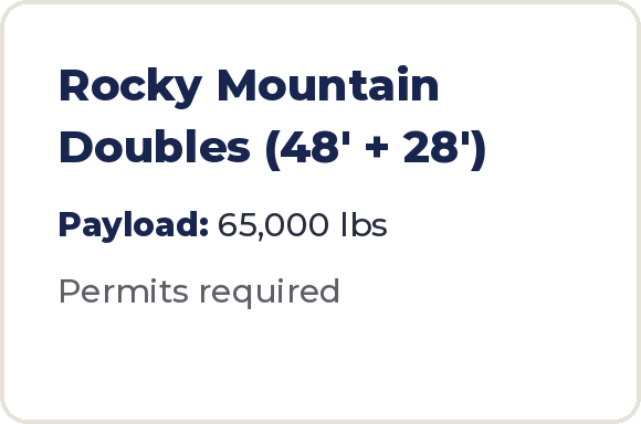 Rocky Mountain Doubles (48' + 28'), payload 65,000 lbs, permits required