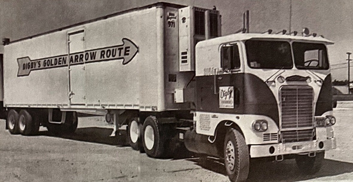 A Digby's Golden Arrow Route cabover truck and trailer