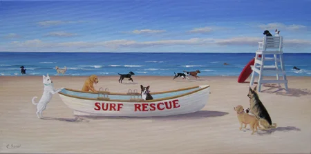 "Surf Rescue Tails," with gracious permission from Artist Carol Saxe (East Hampton, NY): whose whimsical paintings delight, evoking a fantasy of what we might wish to be.