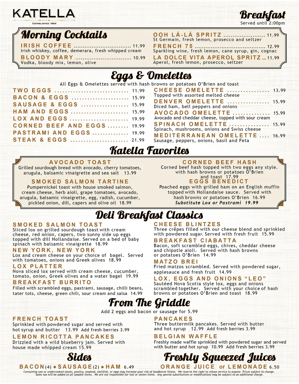 Restaurant Menu — Katella Bakery, Deli, Restaurant