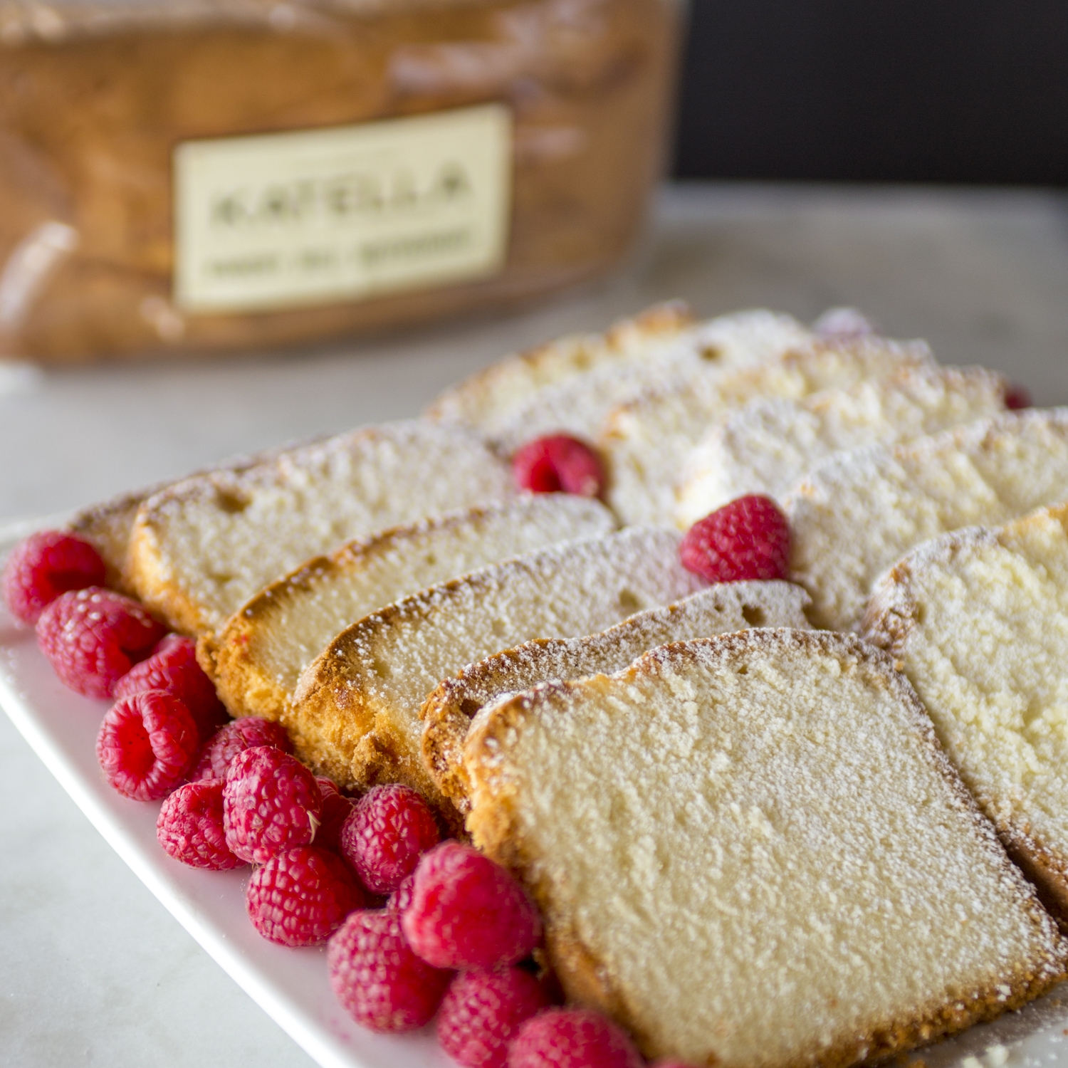 Katella Bakery pound cake slices with fresh raspberries