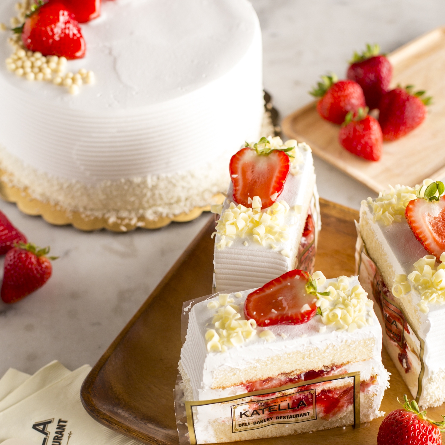 Katella Bakery specialty white chocolate  and strawberry cake