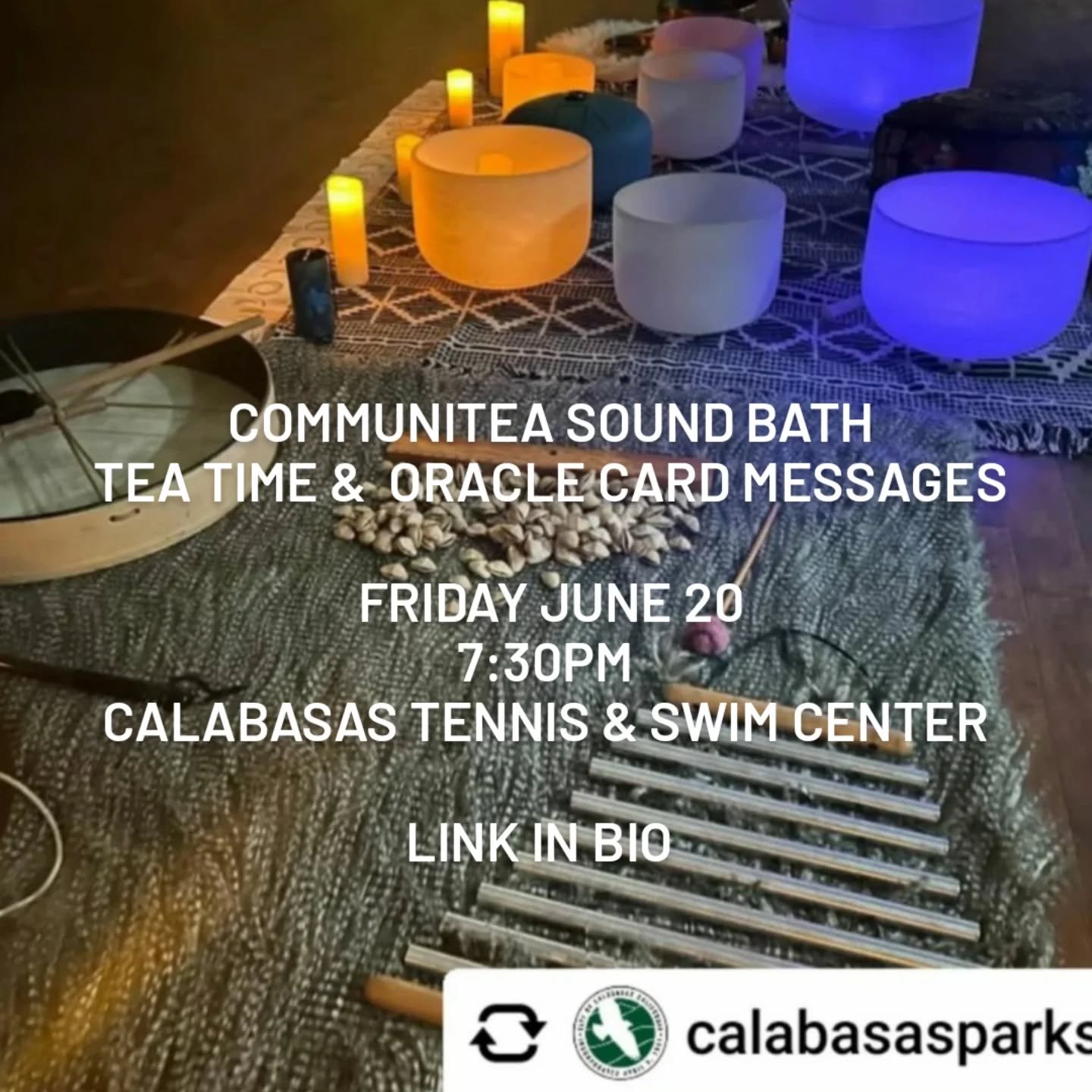 Join us for a peaceful evening of sound healing, soothing tea 🍵, and Oracle card messages 🔮 on Friday, June 20th at 7:30 PM in the beautiful Fireside Room at the Calabasas Tennis &amp; Swim Center 🧘&zwj;♀️🌙

Relax, reset, and receive the messages