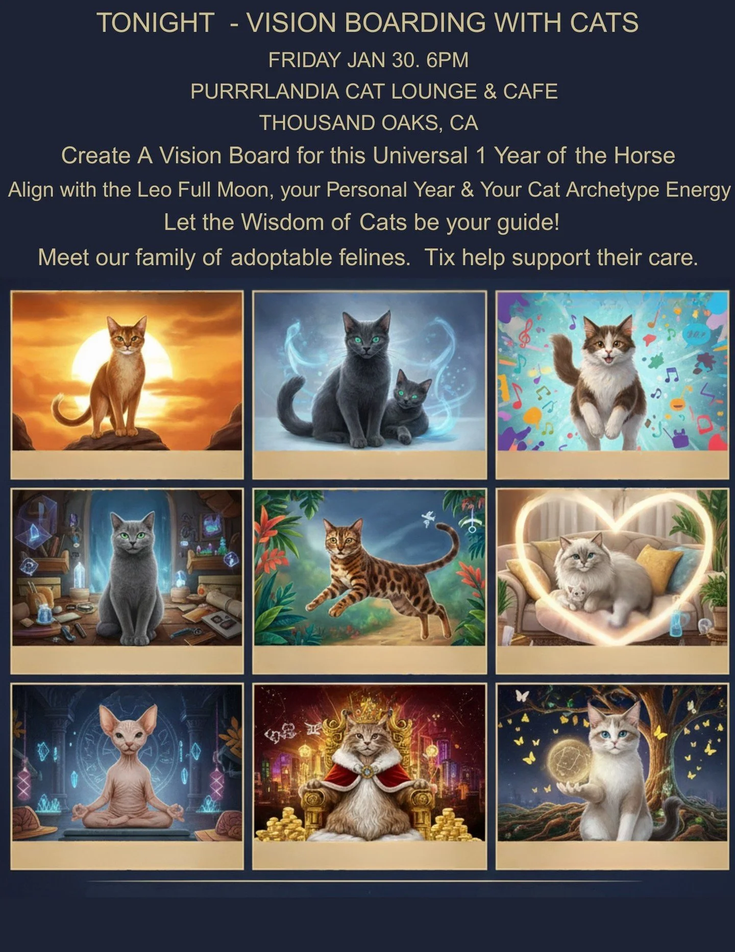 TONIGHT: Let&rsquo;s get soul-led &amp; cat-centered! 🐾✨

Are you ready to anchor your truest desires before the world starts to gallop?

Join me TONIGHT, Jan 30 at 6pm at @purrlandiacatlounge in Thousand Oaks for a Vision Board experience like no o