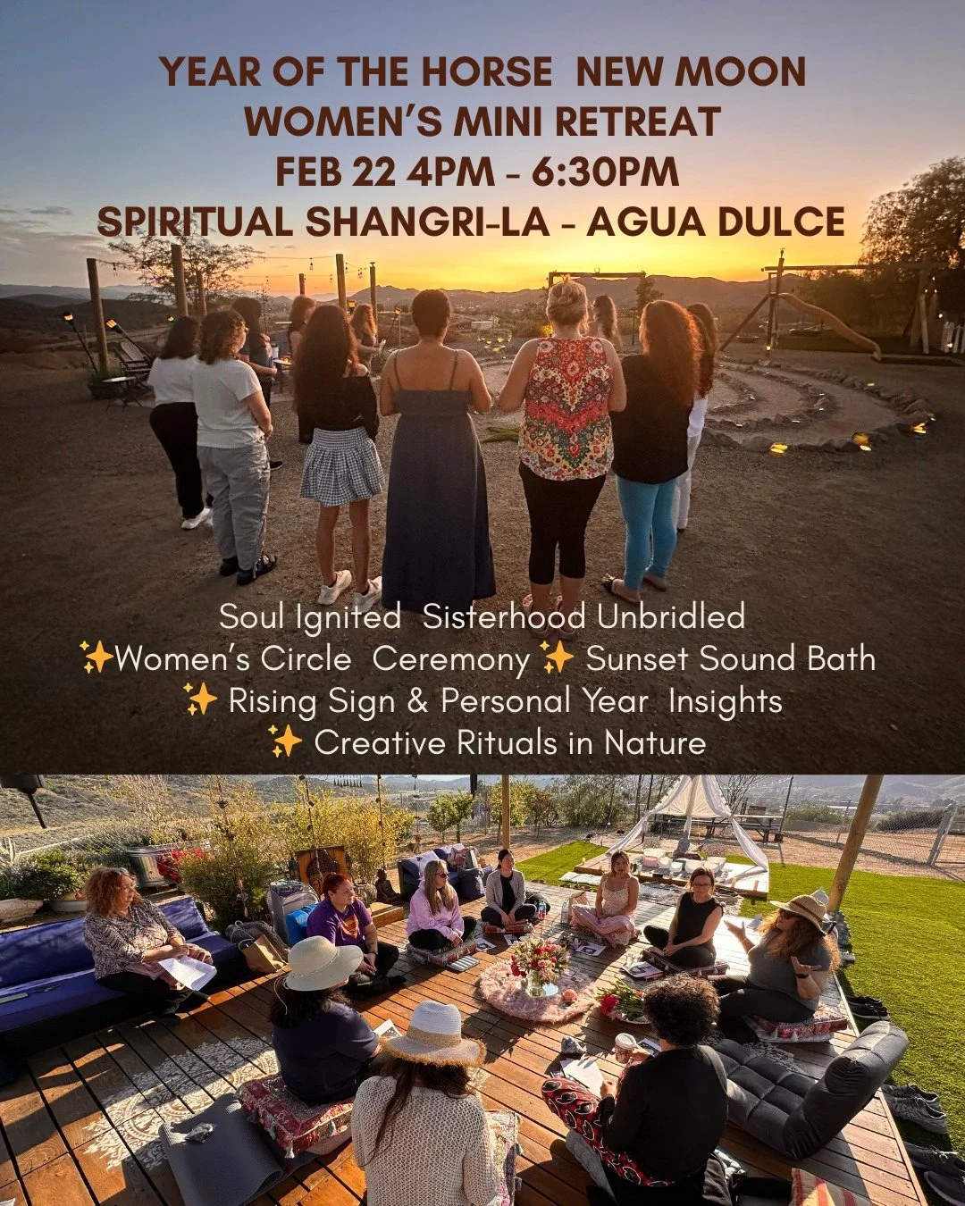 Soul Ignited. Sisterhood Unbridled.

There is a fire that builds when women gather under the open sky. In the heart of Agua Dulce / Santa Clarita, we are coming together to harness the untamed energy of the Year of the Horse&mdash;to stop running for
