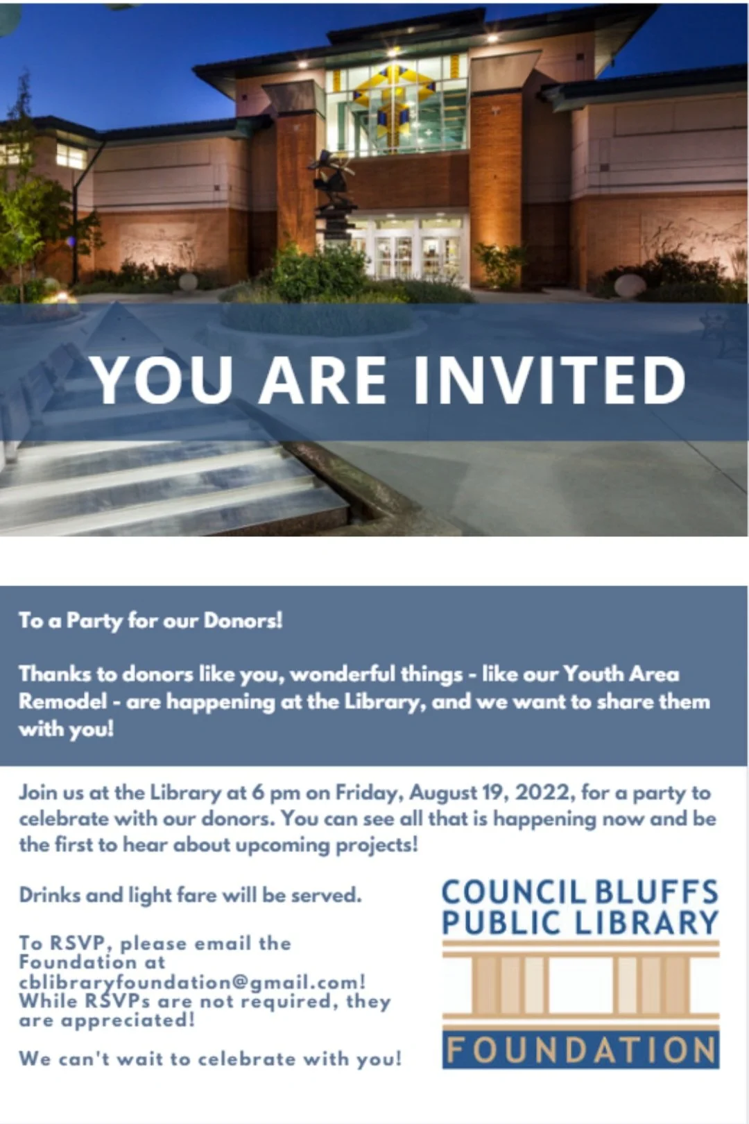 Invitation to Donor Party. Front says "You are Invited" back has invitation language on it.