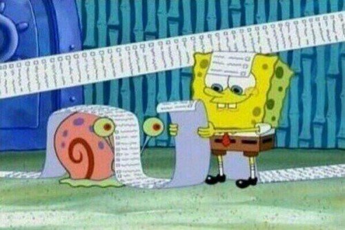 Spongebob reads from a long list. 