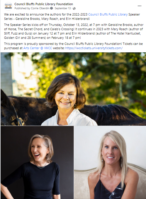 Facebook post featuring three authors from the 2022-2023 Speaker Series