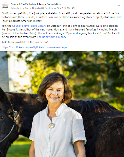 Facebook post promoting author Geraldine Brooks in October 2022