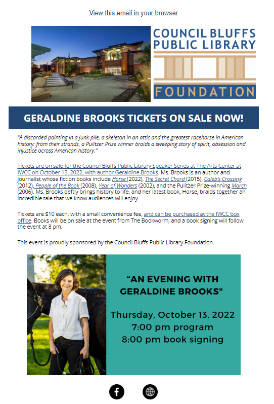 Image of an email promoting author Geraldine Brooks in October 2022