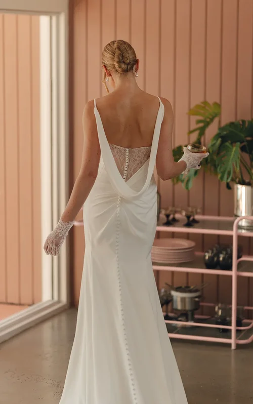 green emerald velvet dress Cowl Neck Ivory Sheath Satin Wedding Dresses with Button Slit Diamond White / 10